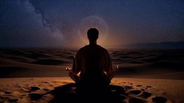 Silhouette of person meditating under a large full moon in desert landscape at night.