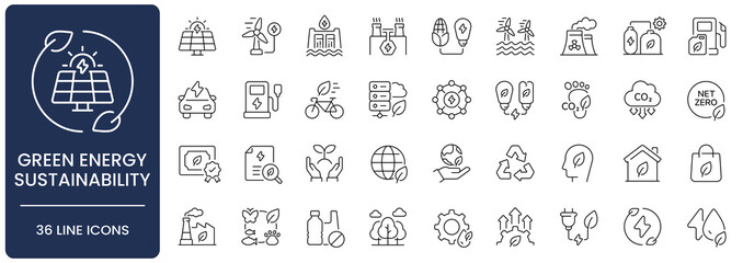 Green Energy and Sustainability Line Icon Set. Collection of solar panel, renewable, wind turbine, net zero, power, recycle, eco friendly, carbon footprint, global, bio, environment, Editable Stroke. © Stock_Koom