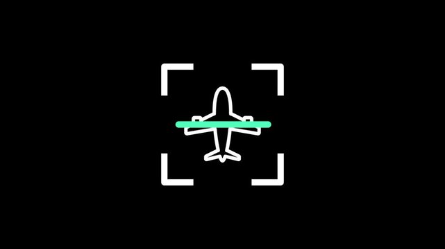 An aviation icon is captured within a targeting reticle to illustrate the use of advanced computer vision systems for tracking aircraft and managing busy airspace in a modern airport