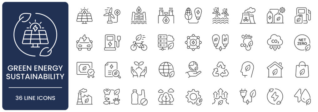 Green Energy and Sustainability Line Icon Set. Collection of solar panel, renewable, wind turbine, net zero, power, recycle, eco friendly, carbon footprint, global, bio, environment, Editable Stroke.