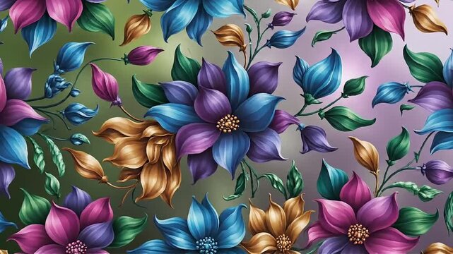Vibrant floral illustration featuring stylized blue purple and pink flowers with lush green foliage on a soft gradient background perfect for textiles wallpaper or elegant design projects