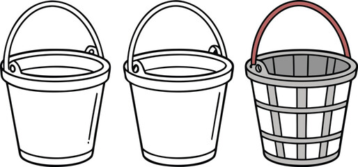 Empty Bucket Design Concept. Metal Bucket on Floor Scene. Plastic Bucket for Household Use. Wooden Bucket Rustic Style. Cleaning Bucket Scene Design. Bucket with Water Illustration. Decorative Bucket © S43