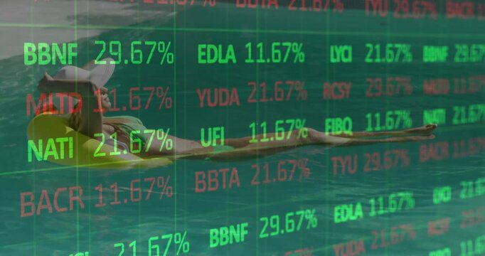 Animation of financial data processing over caucasian woman floating in sunny swimming pool