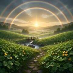 Obraz premium Vibrant Clover Field Under Double Rainbow, St. Patrick's Day Luck, Generative AI