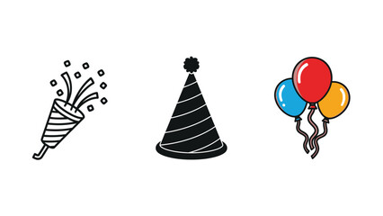 Set of three party icons confetti popper, striped party hat, and bunch of balloons