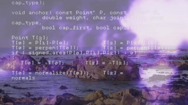 Animation overlaying computer code on rocky coastline with purple sky backdrop