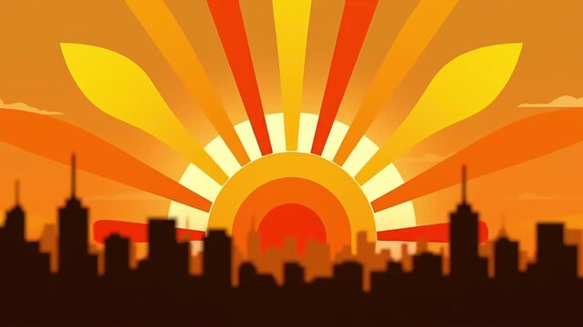 Vibrant Sunset Skyline Illustration - Modern Vector Graphic of a Cityscape Silhouetted Against a Radiant Orange and Yellow Sunburst Background