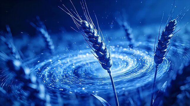 Wheat ears in blue water ripple scene with dreamy light effect