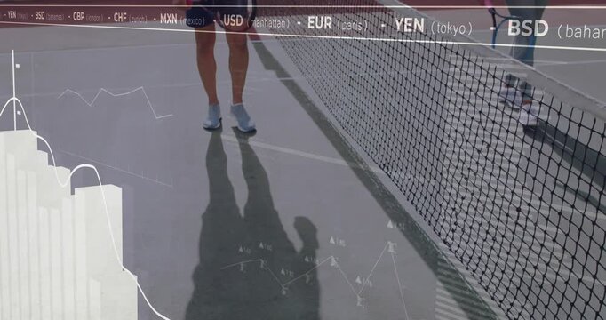 man and woman walking across tennis court, showing finance graphs and currency ticker overlays
