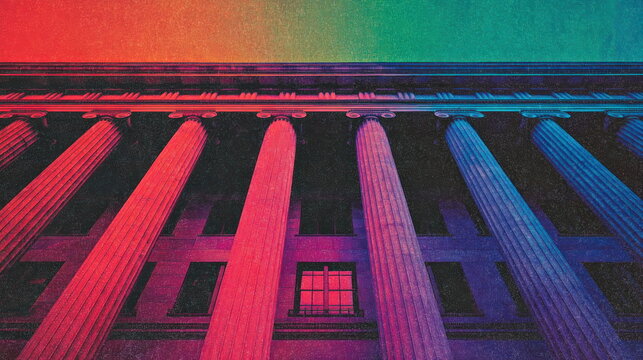 Neoclassical Building Facade with Rainbow Gradient Representing Governance Funding Workflow Concept Institutional Flow System
