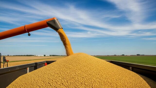 Grain pouring from an orange chute into a large pile in a field