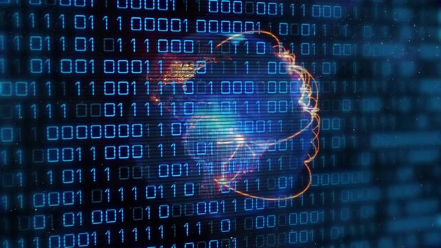 Glowing binary digits flowing behind 3D stylized earth globe orbiting golden network rings
