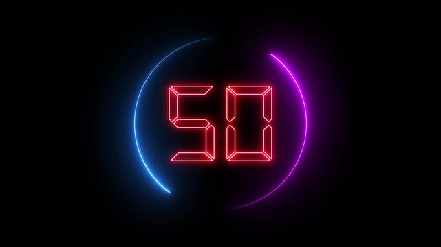 Glowing neon countdown one minute animation from 60 to 0 seconds. Modern flat design with animation in black background. HD quality.