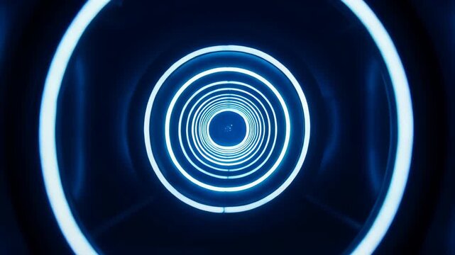 Abstract shot of an infinite tunnel formed by glowing light rings, slowly receding into darkness, sci-fi and mesmerizing.