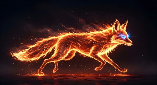 Fiery Fox Running With Glowing Blue Eyes in Dark Night, Magical Animal