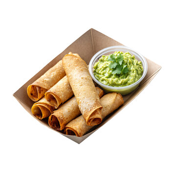 Crunchy taquitos served with guacamole on takeaway paper tray isolated die-cut.