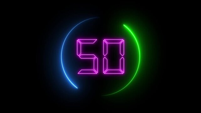 Glowing neon countdown one minute animation from 60 to 0 seconds. Modern flat design with animation in black background. HD quality.