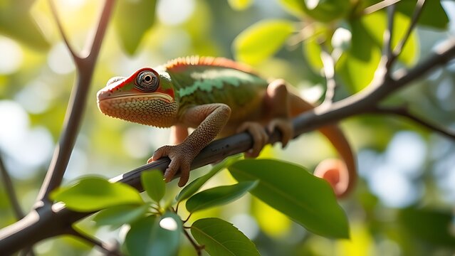 whiptail. Chameleon on a tree branch mid-color change, blending with green leaves. wildlife magazines, conservation campaigns, designed for eco-tourism storytelling.
