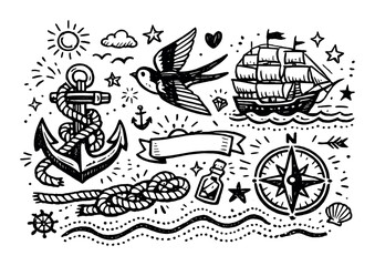Fototapeta premium Nautical themed black and white tattoo design with anchor, ship, and compass