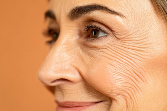 delicate aging skin texture. Wrinkles, thin skin, Clinical facial skin detail showing oily smooth epidermis, wrinkle on aged face, natural dryness, irritated flaky texture