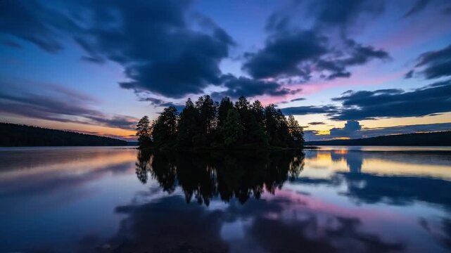 Timelapse of serene lake with island at sunset reflecting colorful sky