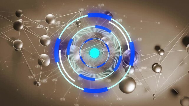 Numbers appearing on spheres initiating interface fading around dot, rings pulsing for monitoring