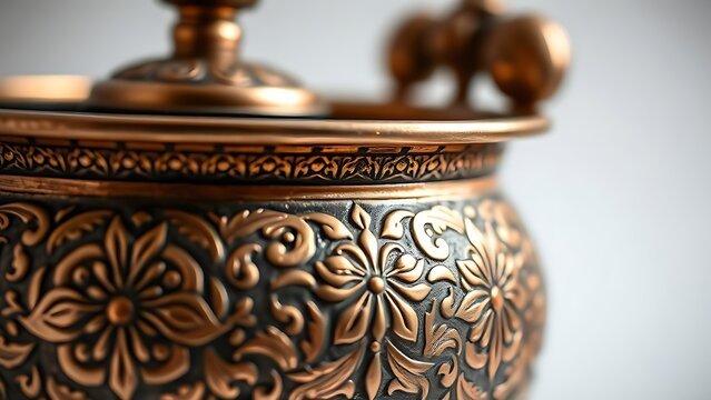 unstylish. Copper vessel with intricate Ottoman floral patterns, detailed metalwork close-up. event programs, museum guides, designed for cultural heritage projects and event programs.