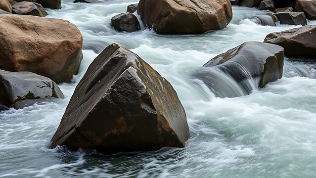 deposition. Large rocks in a turbulent river, water splashing around them, dynamic motion. travel magazines, destination branding, designed for outdoor magazines and nature guides.