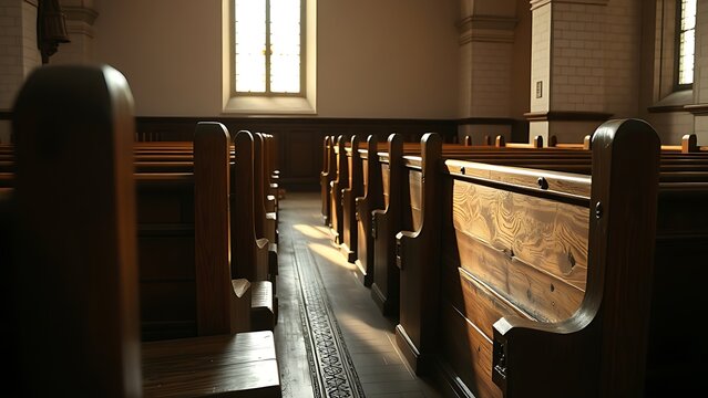 phonology. Ancient wooden church pews in rows, light from stained glass window. event programs, museum guides, designed for cultural heritage projects and event programs.