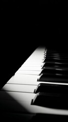 Naklejka premium piano. Close-up of black and white piano keys with a narrow beam of light creating shadows. event programs, museum guides, designed for cultural heritage projects and event programs. 