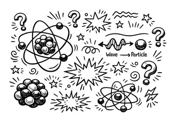 Atomic structure and quantum mechanics doodles on dark background