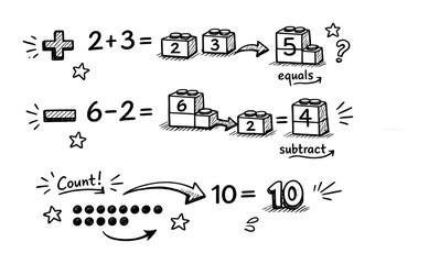 Obraz premium Hand-drawn mathematical illustrations with blocks and symbols