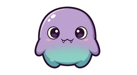 Obraz premium Adorable Chibi Blob Monster Creature with Cute Fangs, Purple and Teal Cartoon Illustration
