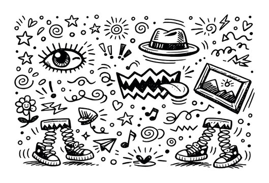Whimsical black-and-white doodle collection with various objects