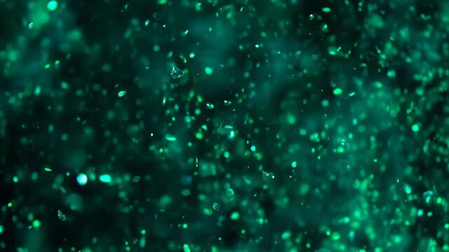 Close-up of sparkling emerald dust floating in slow motion, backlit by a deep green ambient light, magical and luxurious.