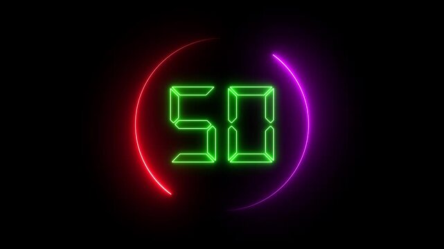 Glowing neon countdown one minute animation from 60 to 0 seconds. Modern flat design with animation in black background. HD quality.