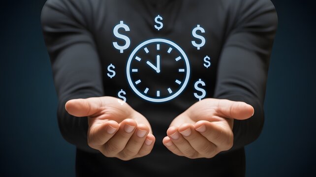 Time is money concept. Businessman showing virtual icon of clock and money for business time management. Work planning increases efficiency and reduced work time. 