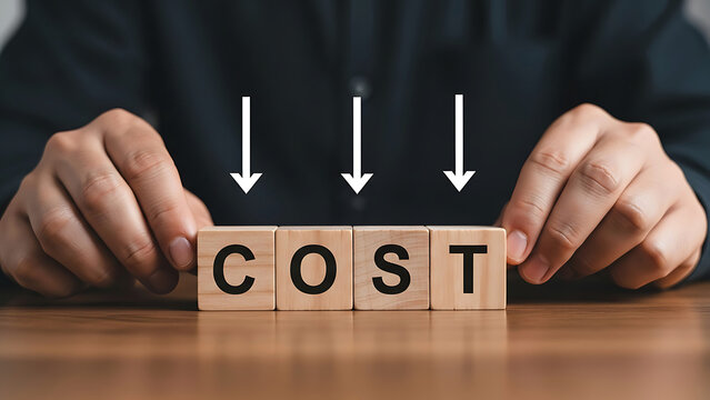 Hands adjusting wooden blocks to spell out cost with downward arrows