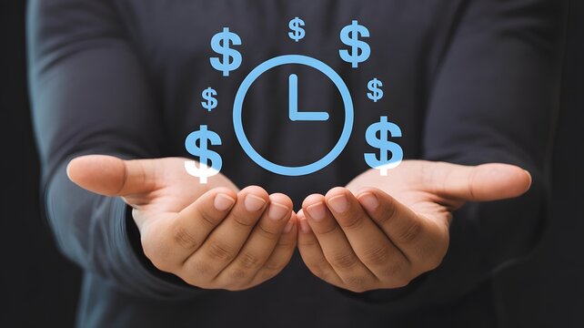 Time is money concept. Businessman showing virtual icon of clock and money for business time management. Work planning increases efficiency and reduced work time. 