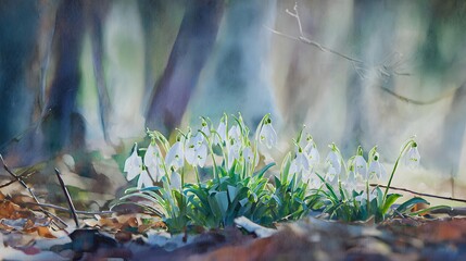Obraz premium Delicate snowdrop blooms grace a spring forest bathed in soft sunlight serene artistic illustration