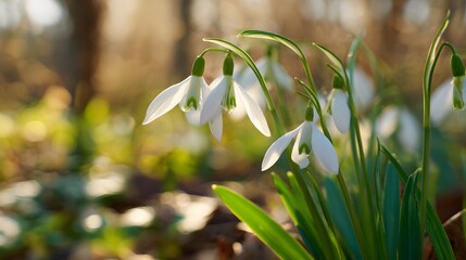 Obraz premium Delicate snowdrop blooms emerge in a peaceful woodland scene bathed in warm spring morning light