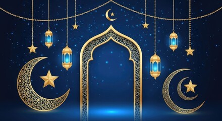 Ramadan Kareem Islamic Background with Ornate Arch and Lanterns.