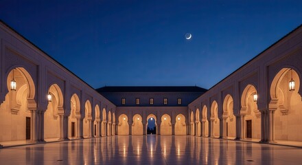 Fototapeta premium Hassan II Mosque Courtyard at Dusk with Crescent Moon in Casablanca, Morocco.
