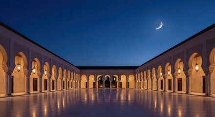 Fototapeta premium Grand Mosque Courtyard at Night with Crescent Moon and Illuminated Arches.