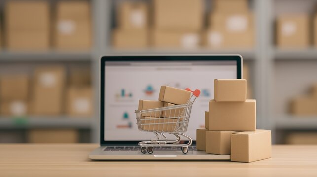 Laptop screen showing an e-commerce website with a miniature shopping cart and small cardboard boxes on a wooden table
