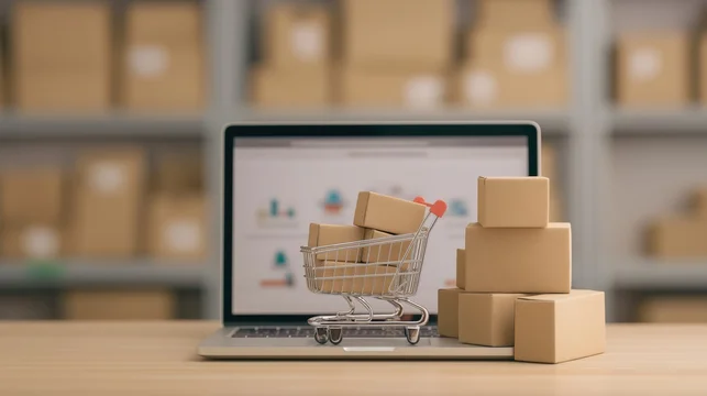 Laptop screen showing an e-commerce website with a miniature shopping cart and small cardboard boxes on a wooden table