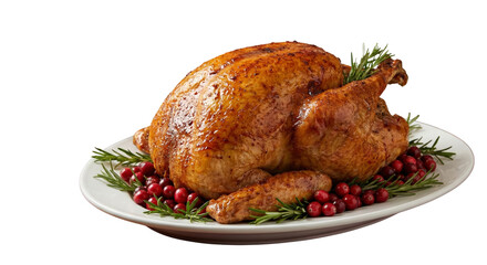 Whole Roasted Turkey with Cranberries and Rosemary on White Plate