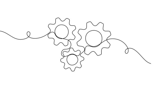 Three moving cog gear wheel continuous one line drawing on white background minimal clean motion graphic suitable for professional  business work content 4k animation video