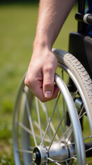 Hand gripping wheel of wheelchair, showcasing strength and determination in outdoor setting