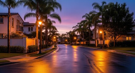 Empty residential street with palm trees and streetlights at dusk after rain.